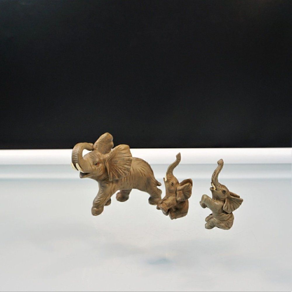 Vintage Elephant Family 3 Ceramic Figurines Trunks Up Good Luck